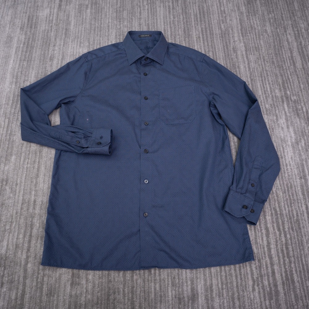 Louis Philippe Button Down Shirt Mens XL Blue Cotton PermaPress Micro Pattern